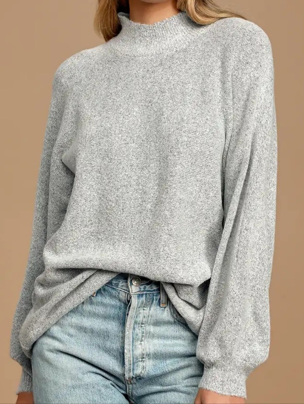 Lulus Cozy Perfection Gray Dolman Balloon Sleeves Oversized Plush Sweater S